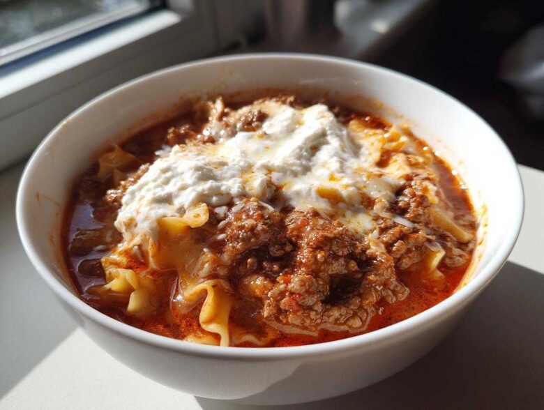A close-up of a white bowl filled with rich crockpot lasagna soup, topped generously with ricotta cheese.