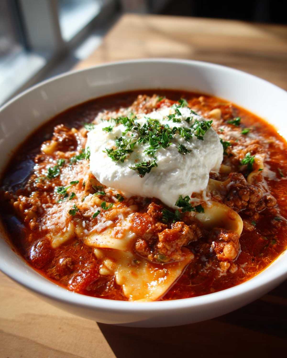 A close-up of a bowl of rich crockpot lasagna soup topped with a dollop of ricotta and fresh parsley.