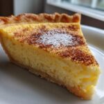 A perfect slice of homemade custard pie with a golden crust, dusted with cinnamon and powdered sugar.