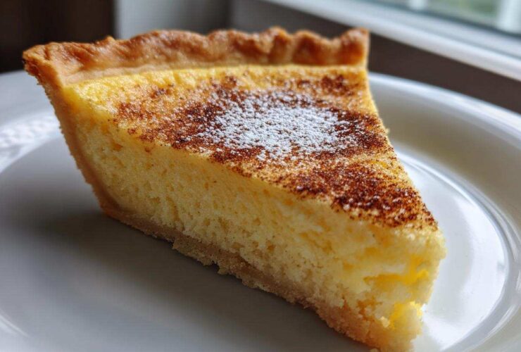 A perfect slice of homemade custard pie with a golden crust, dusted with cinnamon and powdered sugar.