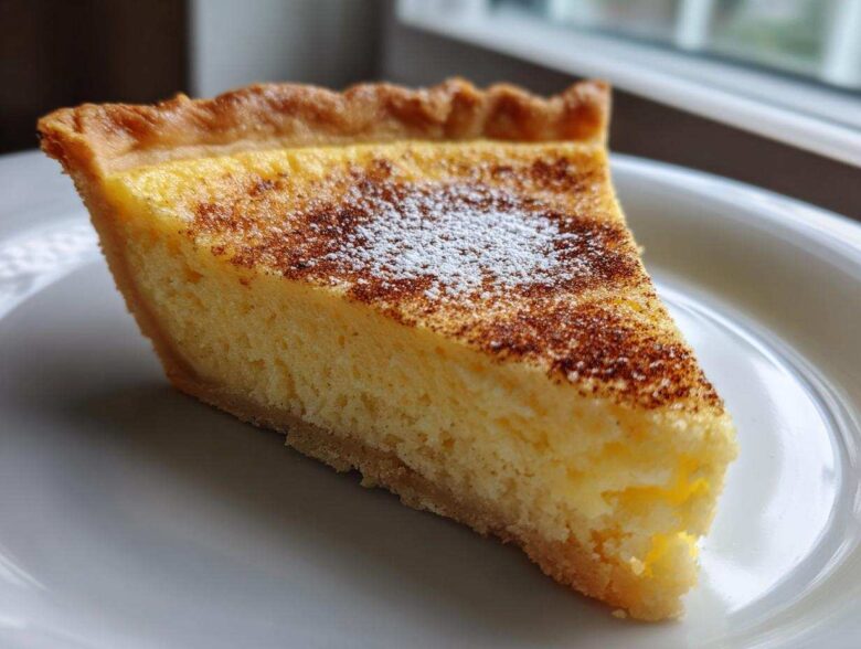 A perfect slice of homemade custard pie with a golden crust, dusted with cinnamon and powdered sugar.