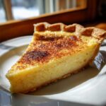 A close-up, sunlit slice of creamy custard pie with a golden, nutmeg-dusted top, sitting on a white plate.