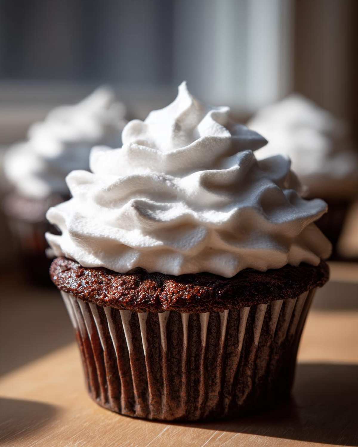 A close-up of a rich, dark chocolate hot chocolate cupcake topped with a swirl of fluffy white frosting.