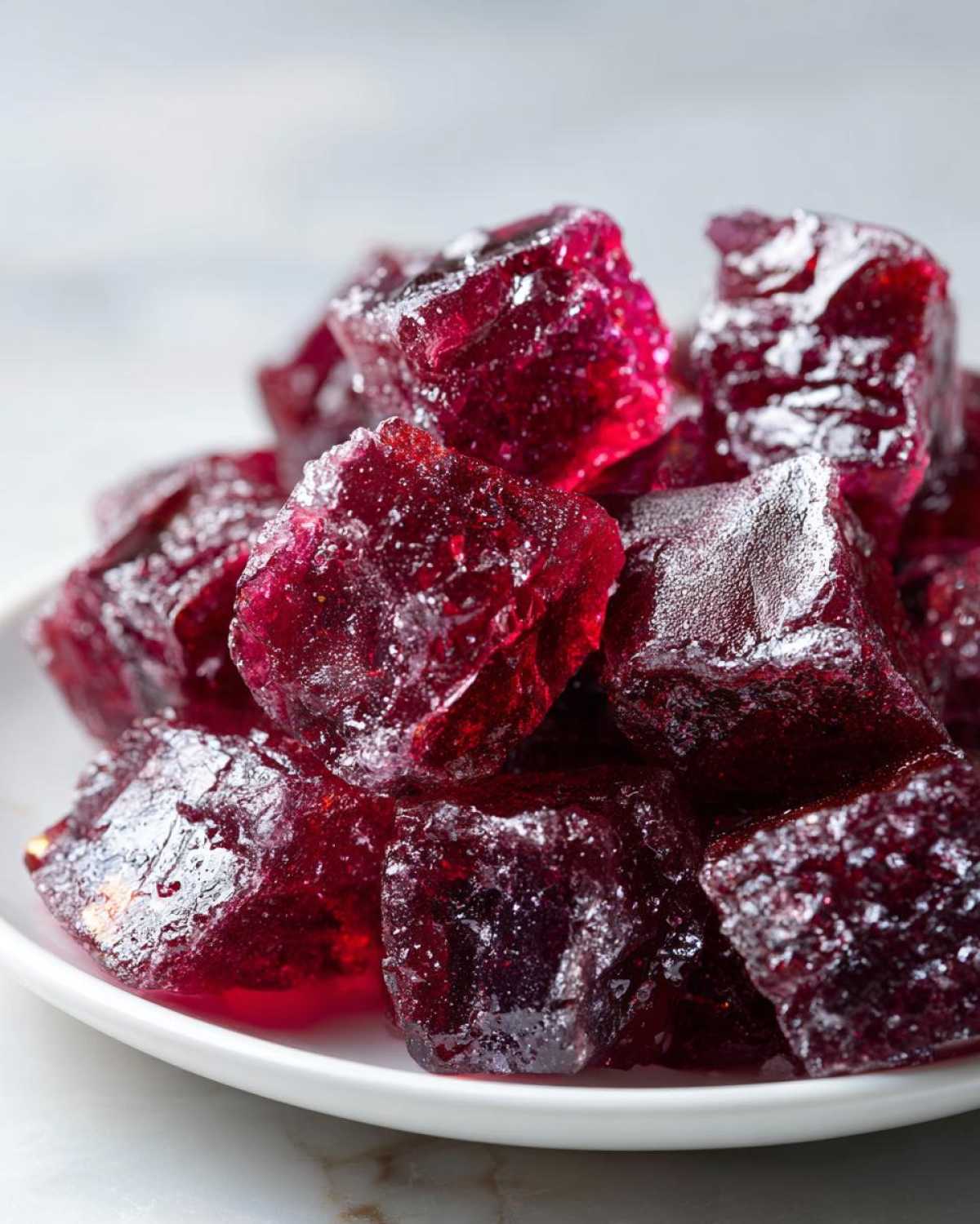 A pile of deep red, crystalline chunks of homemade cinnamon rock candy resting on a white plate.