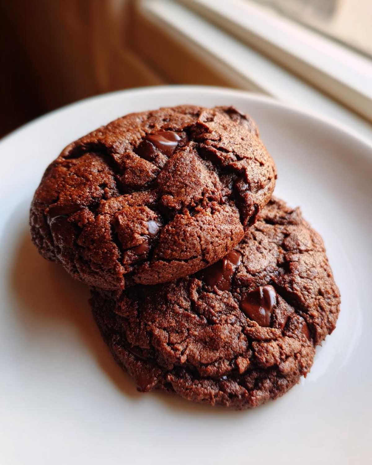 Close-up of two fudgy, dark brown vegan chocolate chip cookies stacked slightly on a white plate.