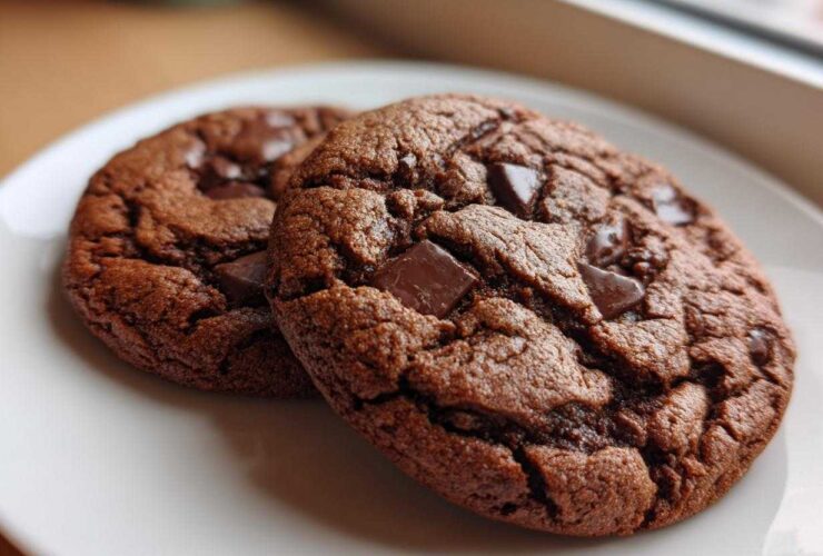 Close-up of two rich, dark brown vegan chocolate chip cookies with large chunks of melted chocolate on a white plate.