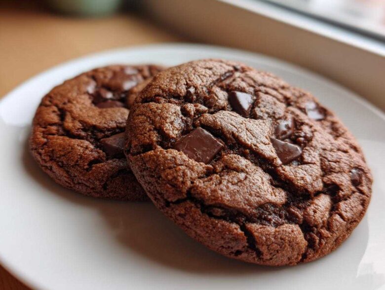 Close-up of two rich, dark brown vegan chocolate chip cookies with large chunks of melted chocolate on a white plate.