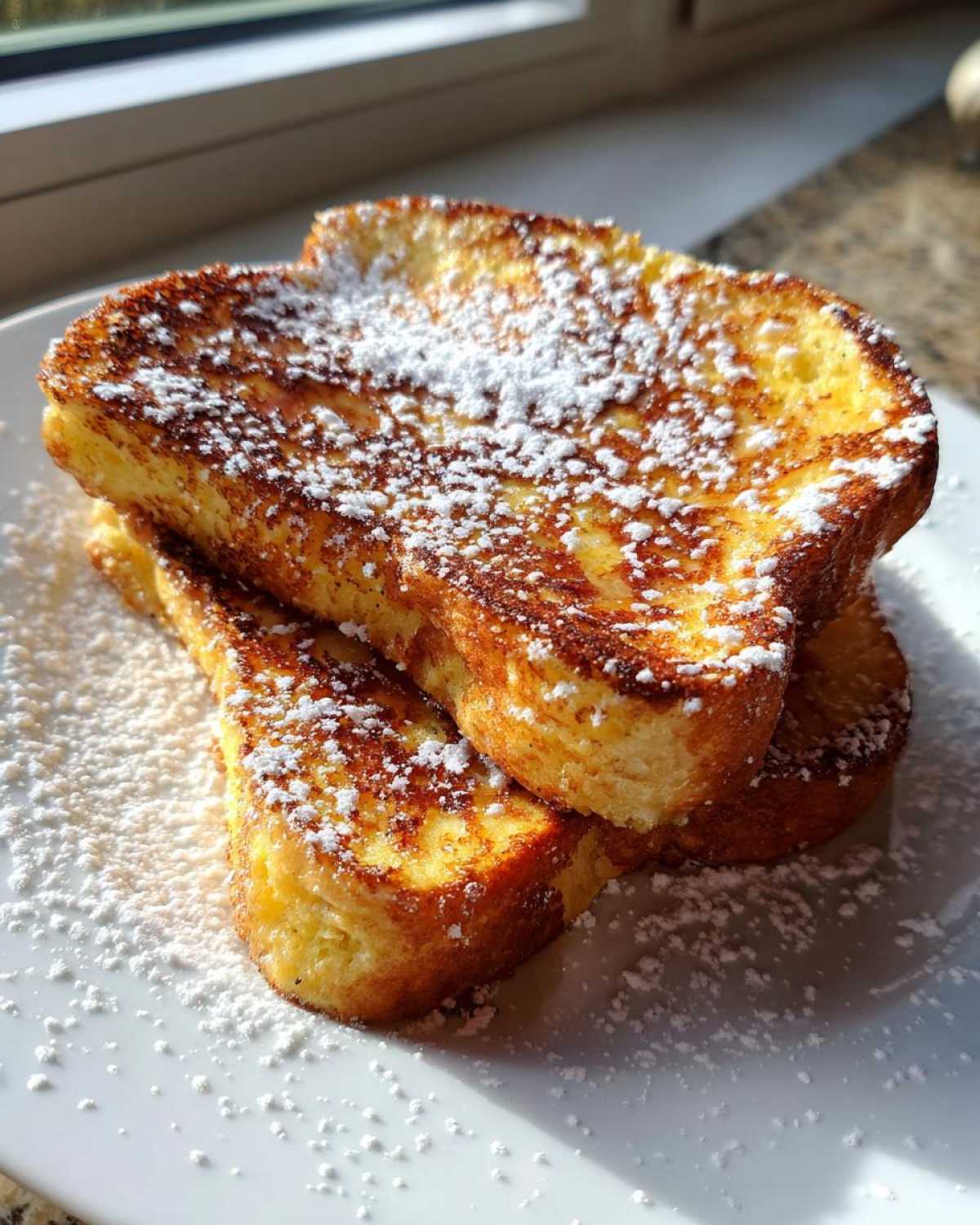 Three slices of golden brown easy french toast stacked on a white plate and heavily dusted with powdered sugar.