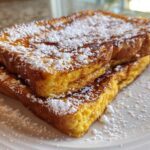 Close-up of two golden slices of easy french toast stacked and dusted heavily with powdered sugar.
