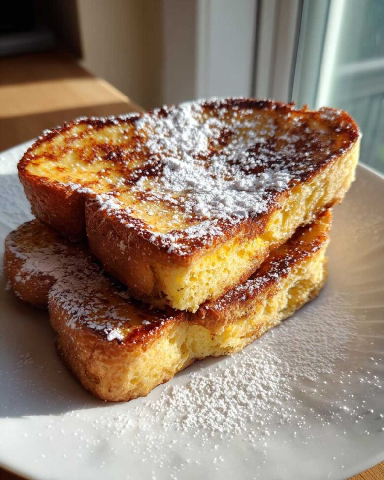 A stack of three slices of golden brown easy french toast dusted generously with powdered sugar on a white plate.
