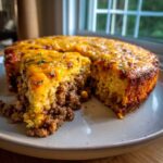 A slice removed from a baked tamale pie showing a savory ground meat filling topped with golden cornbread and melted cheddar cheese.