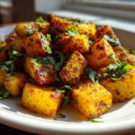 Close-up of perfectly seasoned, golden brown Mexican Potatoes cubes topped with fresh chopped cilantro.