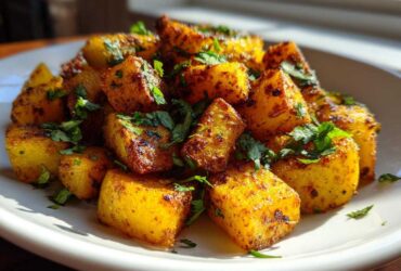 Close-up of perfectly seasoned, golden brown Mexican Potatoes cubes topped with fresh chopped cilantro.