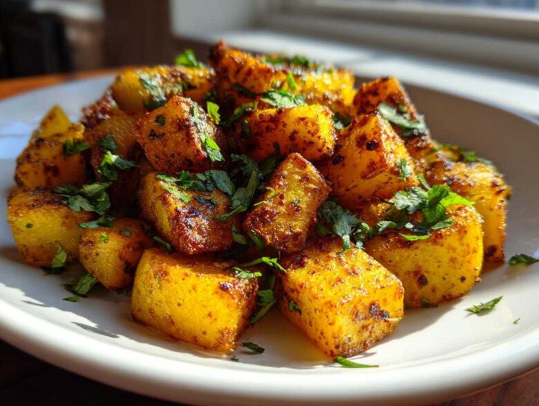 Close-up of perfectly seasoned, golden brown Mexican Potatoes cubes topped with fresh chopped cilantro.