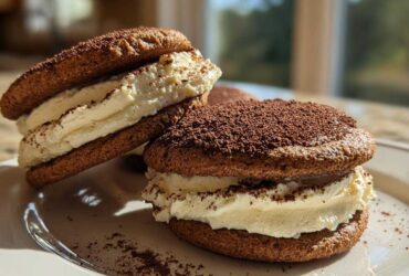 Two decadent tiramisu cookies, featuring dark chocolate wafers and thick cream filling, dusted with cocoa powder.