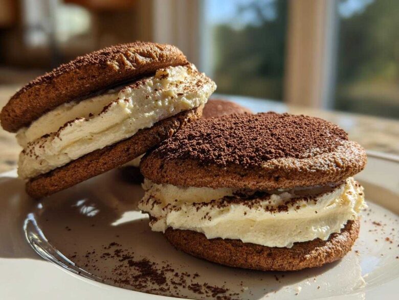 Two decadent tiramisu cookies, featuring dark chocolate wafers and thick cream filling, dusted with cocoa powder.