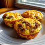 Three golden brown sausage and cheese egg muffin cups sitting on a white plate near a window.