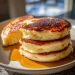 A close-up stack of three thick, fluffy buttermilk pancakes drizzled generously with golden syrup.