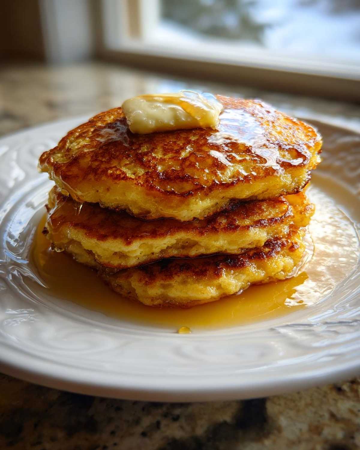 Close-up of a stack of three golden brown buttermilk pancakes topped with melting butter and syrup.