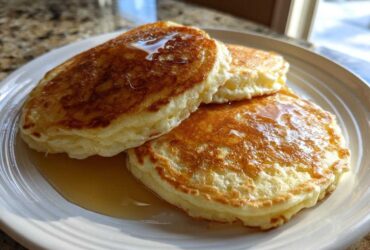 Three thick, fluffy buttermilk pancakes drizzled with golden syrup on a white plate.