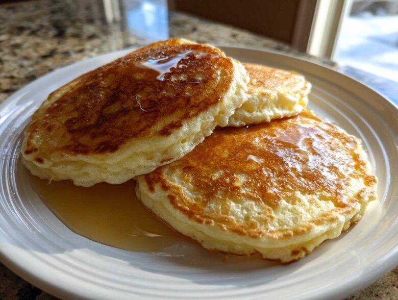 Three thick, fluffy buttermilk pancakes drizzled with golden syrup on a white plate.