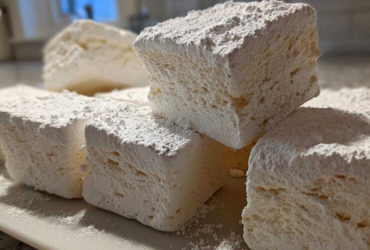 Close-up of large, fluffy homemade marshmallows dusted heavily with powdered sugar.