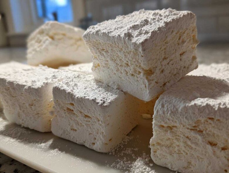 Close-up of large, fluffy homemade marshmallows dusted heavily with powdered sugar.