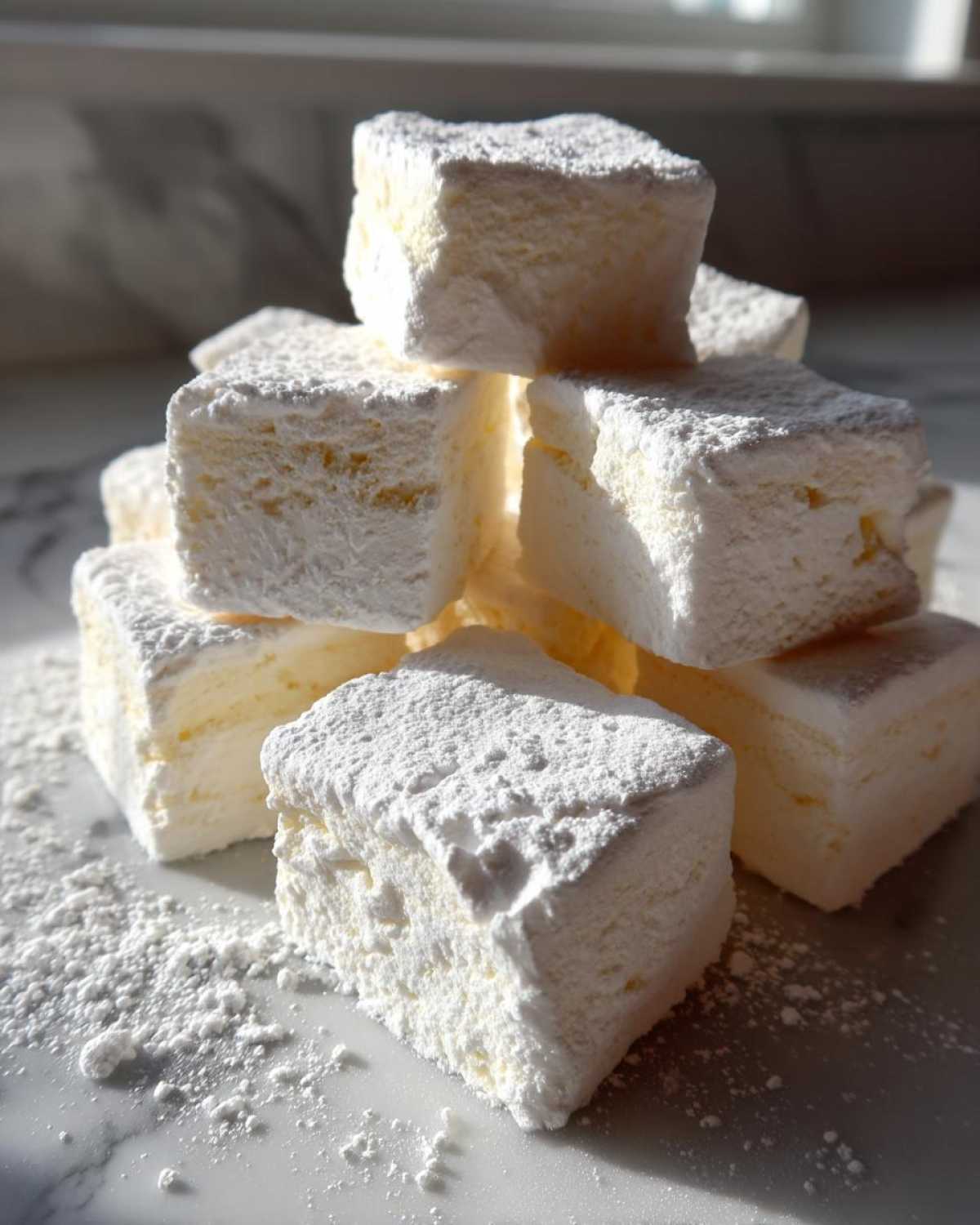 A stack of square, fluffy homemade marshmallows generously dusted with white powdered sugar on a marble surface.