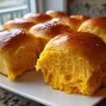 Close-up of fluffy, bright orange sweet potato rolls with a shiny, golden-brown top, one roll pulled apart.