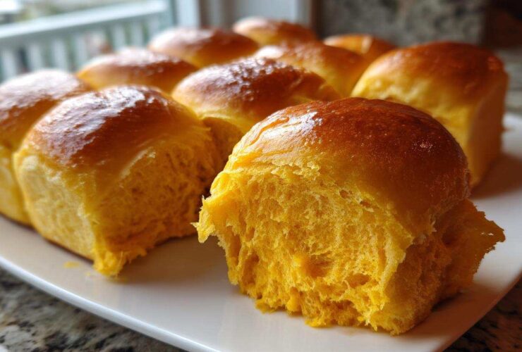 Close-up of fluffy, bright orange sweet potato rolls with a shiny, golden-brown top, one roll pulled apart.