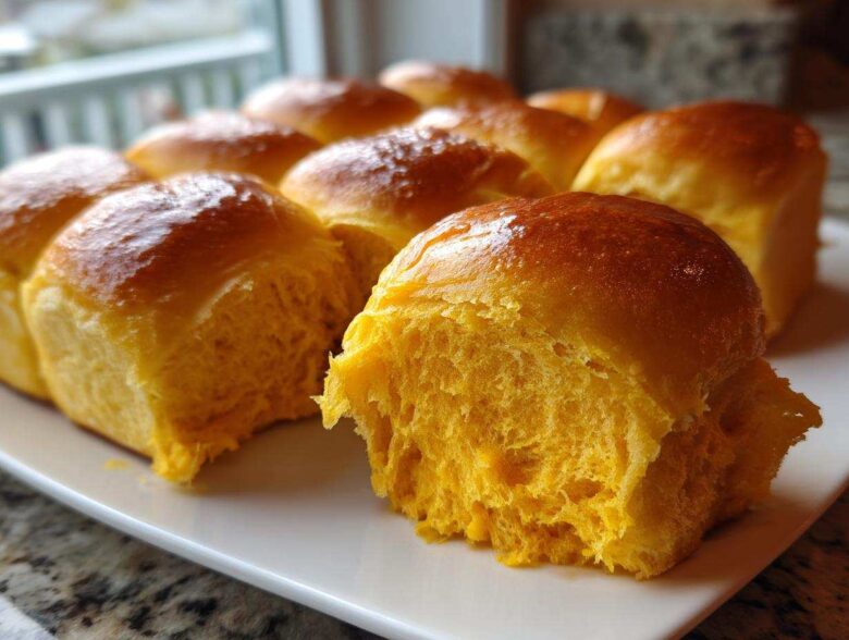 Close-up of fluffy, bright orange sweet potato rolls with a shiny, golden-brown top, one roll pulled apart.