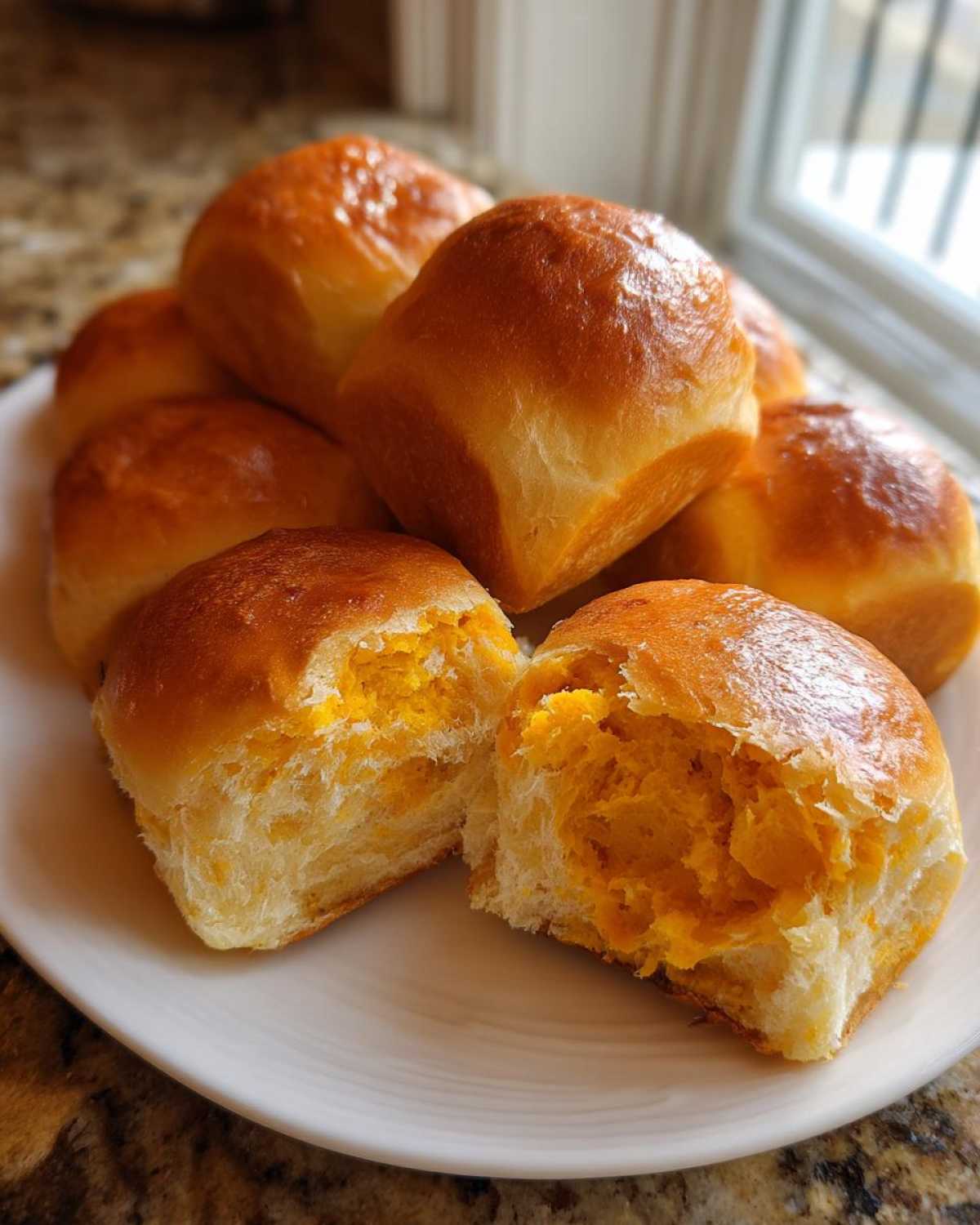 A stack of golden-brown sweet potato rolls on a white plate, one split open showing the fluffy interior.