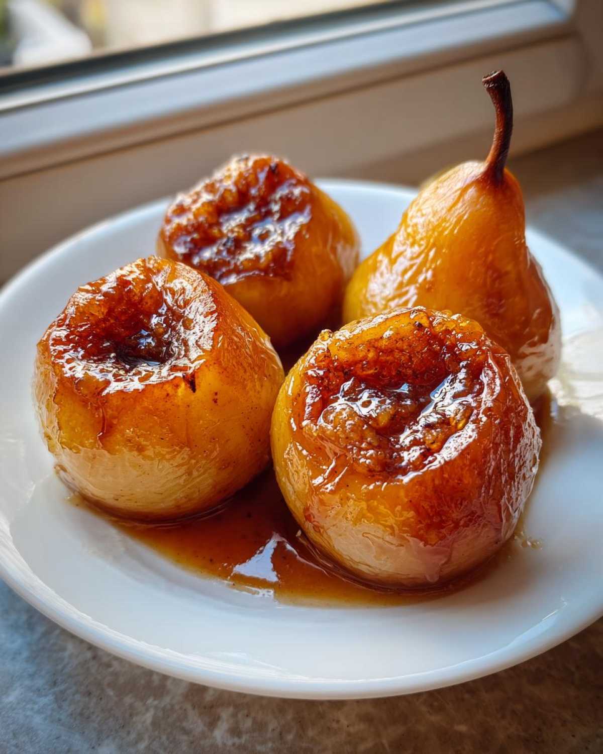 Four glossy baked pears, three cored and filled, sitting in rich caramel sauce on a white plate.