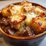Close-up of a serving of french onion beef stew topped with melted cheese and toasted bread cubes.