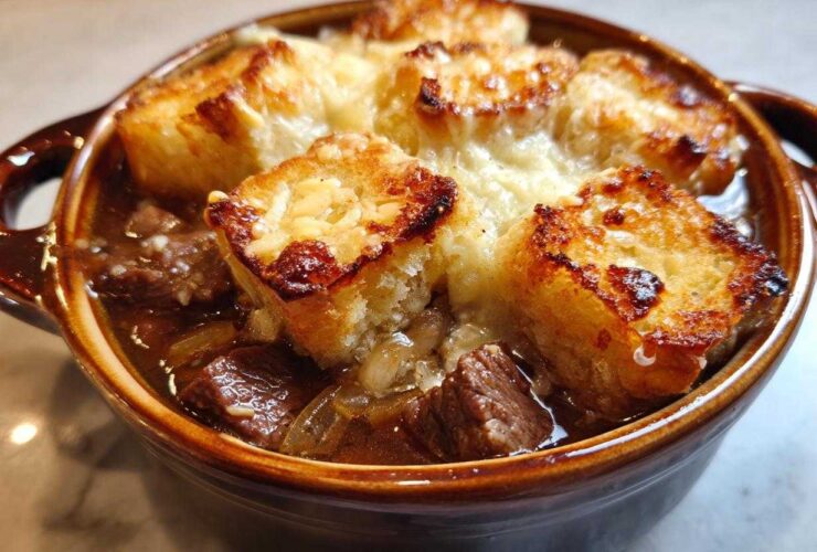 Close-up of a serving of french onion beef stew topped with melted cheese and toasted bread cubes.