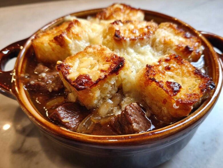 Close-up of a serving of french onion beef stew topped with melted cheese and toasted bread cubes.