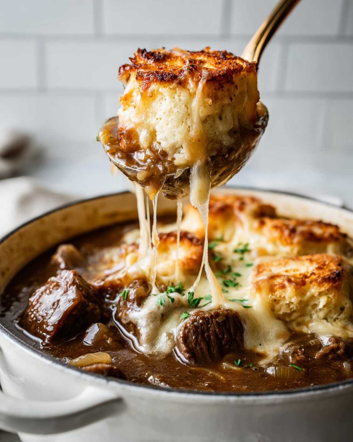A ladle lifts a cheesy, toasted crouton dripping with cheese from a pot of rich french onion beef stew.