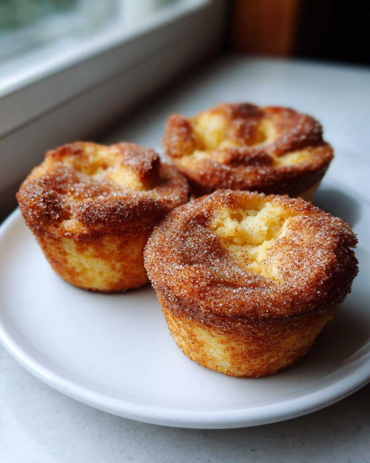 Three golden brown french toast muffins coated in cinnamon sugar resting on a white plate near a window.
