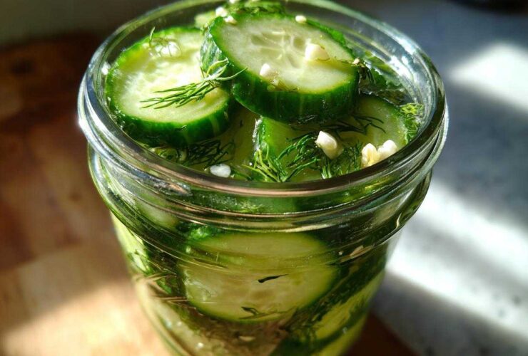 Close-up of fresh cucumber slices and dill being prepared for refrigerator pickles in a glass jar.