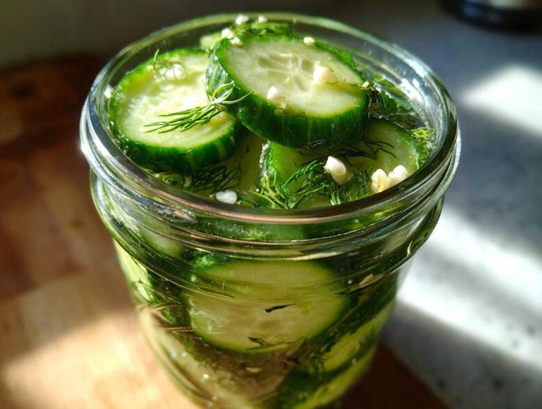 Close-up of fresh cucumber slices and dill being prepared for refrigerator pickles in a glass jar.
