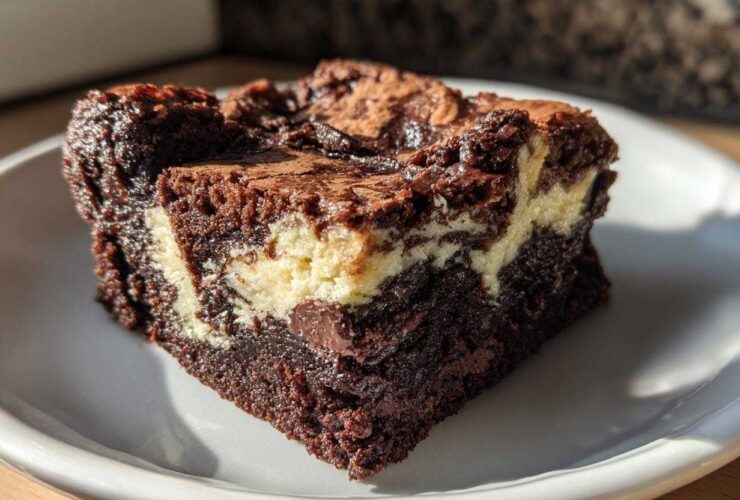 A close-up of a rich, fudgy cream cheese brownies slice showing the dark chocolate base and creamy white swirl.