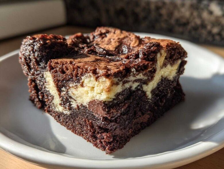 A close-up of a rich, fudgy cream cheese brownies slice showing the dark chocolate base and creamy white swirl.