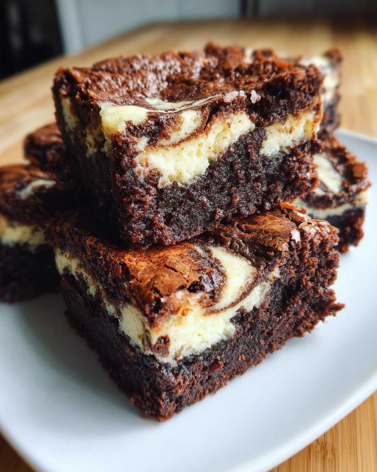 Stack of fudgy cream cheese brownies showing rich chocolate swirls and a shiny top crust.
