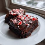 Two fudgy peppermint brownies topped with rich chocolate frosting and crushed candy canes.