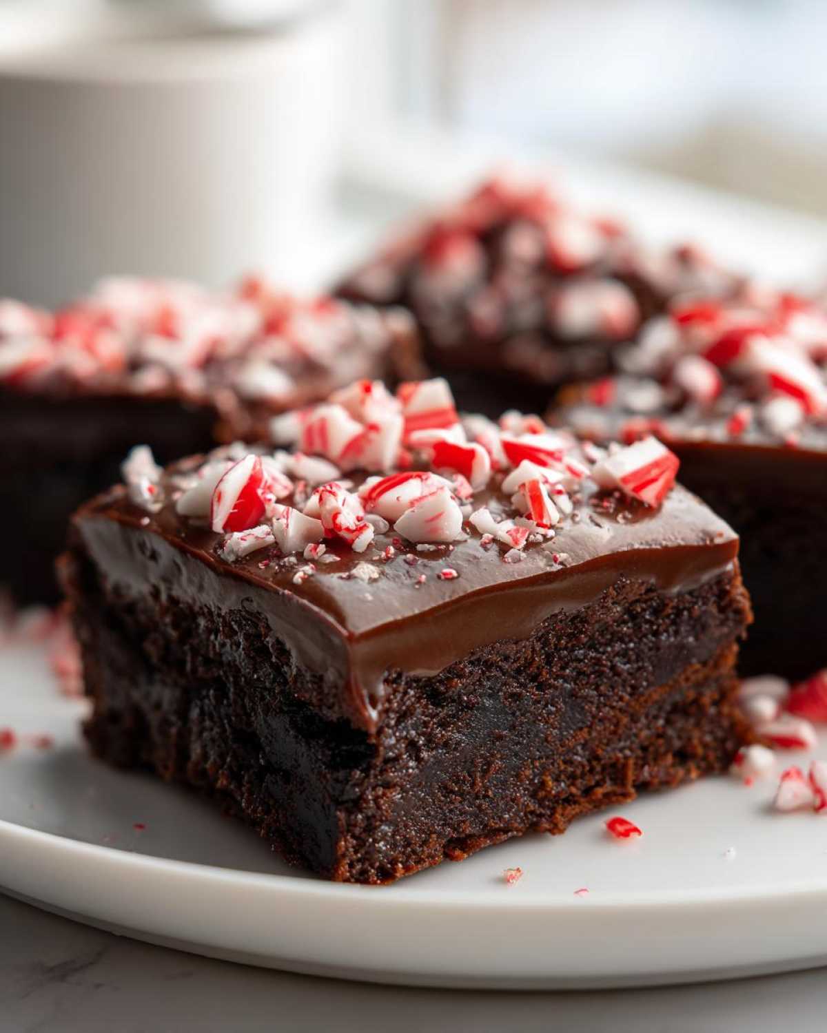 Close-up of a fudgy peppermint brownies square topped with glossy chocolate ganache and crushed candy canes.