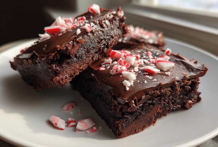 Close-up of fudgy peppermint brownies topped with chocolate frosting and crushed candy canes.