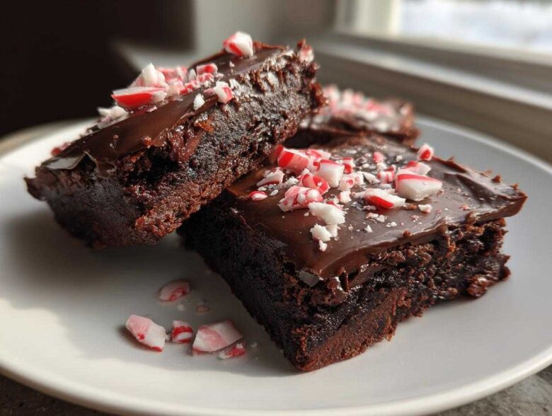 Close-up of fudgy peppermint brownies topped with chocolate frosting and crushed candy canes.