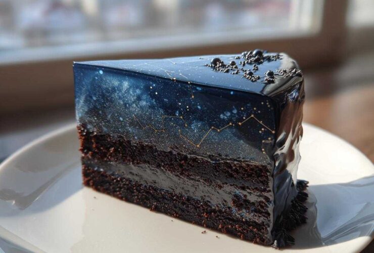 A slice of rich chocolate cake featuring a dark blue, galaxy-themed mirror glaze, resembling a night sky, perfect for a capricorn cake.