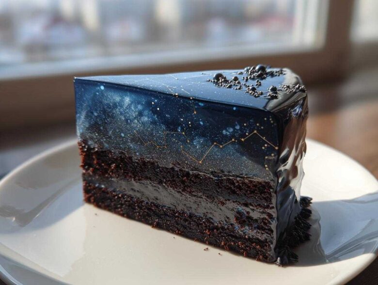 A slice of rich chocolate cake featuring a dark blue, galaxy-themed mirror glaze, resembling a night sky, perfect for a capricorn cake.