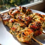 Close-up of golden brown Garlic Parmesan chicken skewers glistening with herbs on a white plate.